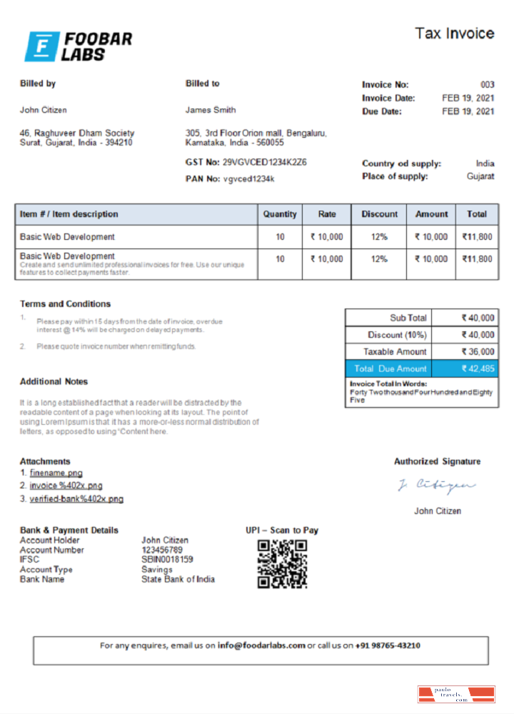 India Foobar Labs Information Technology Company invoice 1 PSD template